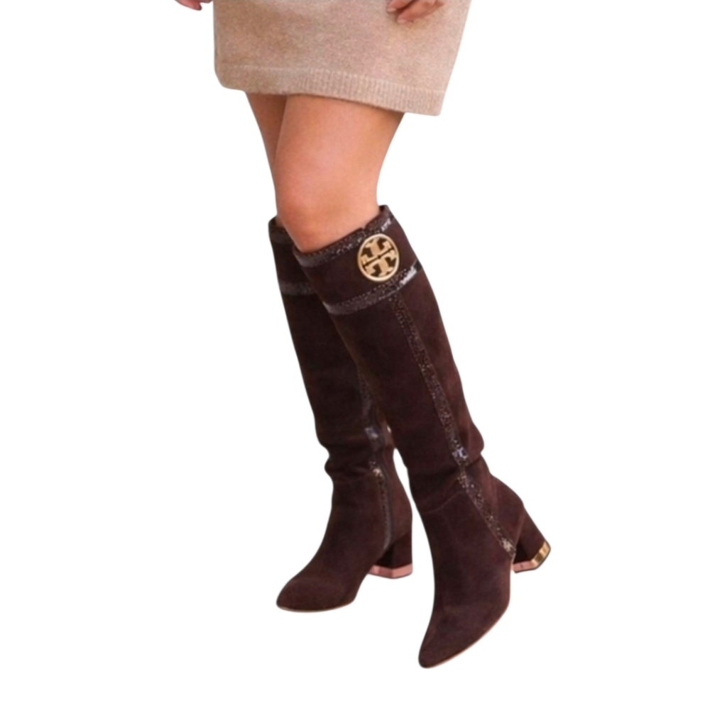 Tory Burch Uma Brown Genuine Suede Knee High Full Zip Trim Riding Boots Sz 7